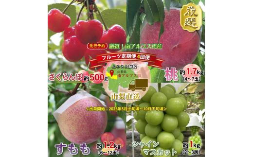 ＜2026年発送分先行予約＞厳選！南アルプス市産　『フルーツ定期４回便』　【さくらんぼ・もも・すもも・シャインマスカット】 ALPDD002