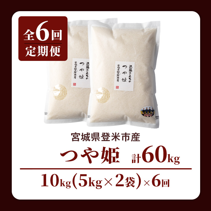 【6回定期便】≪令和8年産≫ つや姫 精米 計60kg(10kg×6回) 宮城県登米市産 お米 おこめ 米 コメ 白米 ご飯 ごはん おにぎり お弁当 6か月 頒布会【株式会社近藤農産】tm504