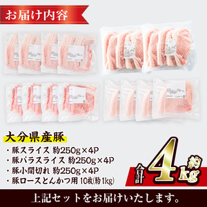 豚肉 バラエティーパック(合計4kg・4種)豚バラ しゃぶしゃぶ 鍋 とんかつ ロース 小分け 個包装 豚こま 小間切れ スライス セット 詰め合わせ 詰合せ 冷凍 食べ比べ 国産 大分県 佐伯市【B