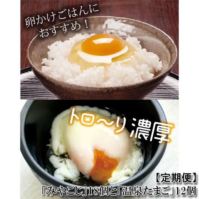 【定期便】［2ヵ月連続］伝承卵「みやこじ」18個（15個＋卵割れ補償3個）と「温泉たまご」12個（10個＋卵割れ補償2個）の詰合せ No.435
