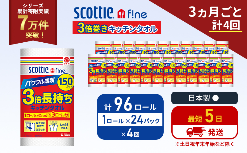 定期便 キッチンペーパー 1ケース キッチンタオル スコッティ ファイン 1 ロール 3倍 150カット セット《3ヶ月ごと計4回》 ペーパータオル キッチン用品 節約 日用品 日用雑貨 備蓄 備蓄用 防災 災害 3倍巻き まとめ買い 宮城県 岩沼市