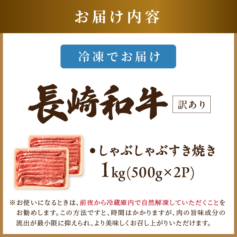 訳あり！【A4～A5】長崎和牛しゃぶしゃぶすき焼き用(肩ロース肉・肩バラ・モモ肉)1kg(500g×2p)( 牛肉 和牛 おすすめ しゃぶしゃぶ すき焼き 牛肉 冷凍 国産 送料無料 肉 プレゼント 