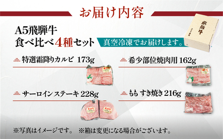 飛騨牛 A5 食べ比べ4種セット（特選霜降りカルビ 173g・サーロインステーキ 228g・希少部位焼肉用 162g・ももすき焼き 216g）【冷凍 真空】牛肉 霜降り しもふり ステーキ もも すき