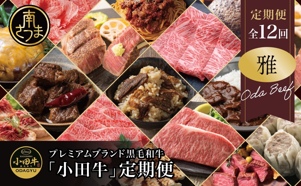 
                  【全12回】プレミアムブランド「小田牛」定期便［～雅～］ 鹿児島県産 黒毛和牛 ステーキ すき焼き 焼肉 焼き肉 BBQ ハンバーグ ローストビーフ 餃子 ぎょうざ 焼売 しゅうまい レトルト カレー パスタソース 牛トロ煮込み 常温 冷凍 小田畜産 南さつま市
                