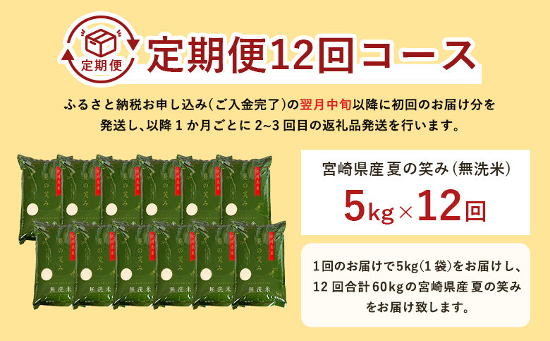 【12か月定期便】 無洗米  ＜チャック付＞ 新米 国産 令和8年産 夏の笑み 5kg×12回 宮崎県産 お米 白米 おすすめ 簡単 ご飯 弁当 精米 おにぎり