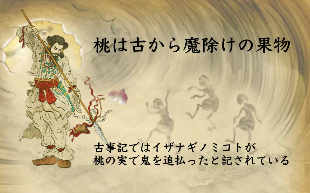 古事記の他にも、桃太郎伝説、桃源郷、不老長寿の実、遺跡から出土する桃の種など、昔から桃は縁起の良い果物として珍重されてきました