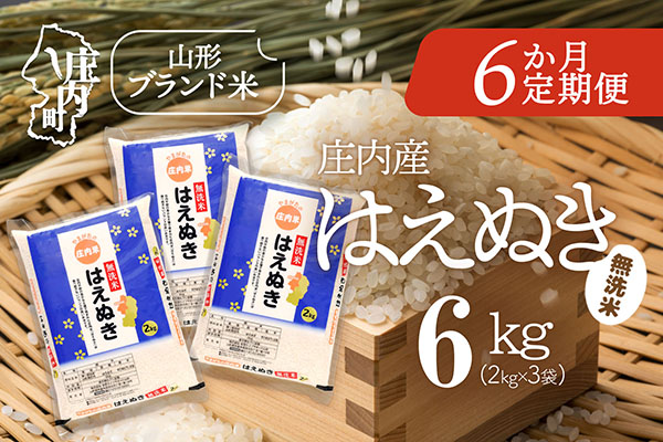 ＜4月中旬発送＞庄内米6か月定期便！はえぬき無洗米 6kg（入金期限：2025.3.25）