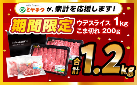 【期間限定】宮崎牛ウデスライス500g×2 宮崎県産黒毛和牛小間切れ100g×2 合計1.2kg 宮崎牛 ウデ こま切れ