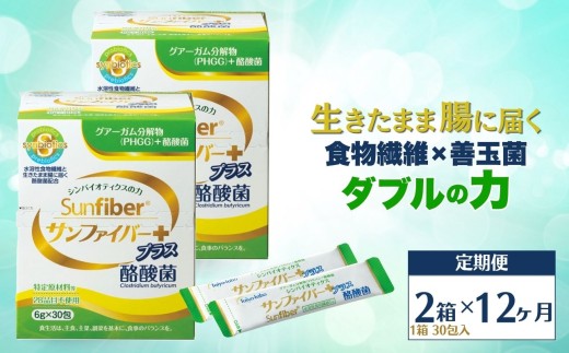 ＜定期便12ヶ月＞TVで話題！ グアーガム分解物 サンファイバープラス（粉末スティック）6g×30包【2箱セット】 │水溶性食物繊維 酪酸菌 医療 介護 シンバイオティクス プレバイオティクス プロバイオティクス 発酵性食物繊維 健康食品 サプリ 個包装  太陽化学 三重県 四日市市 ふるさと納税