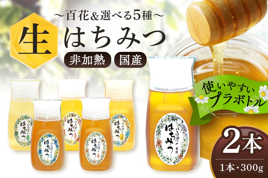 
                  農林水産大臣賞・東海農政局長賞受賞!! 使いやすいプラ容器入り 非加熱生はちみつ 選べる 5種 百花 アカシア 山桜 クロガネモチ そよご とち 各300g 計2本 純粋生はちみつ 食べ比べ (370)
                