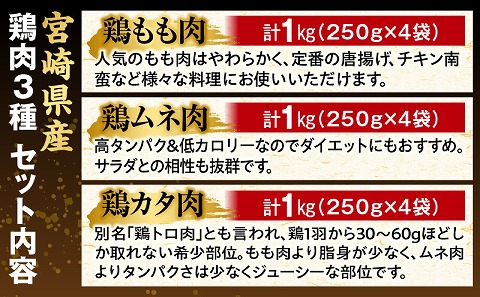 宮崎県産若鶏　モモ肉　ムネ肉　カタ肉の3種セット（総重量3キロ）小分け・カット済・真空冷凍_M146-003_01