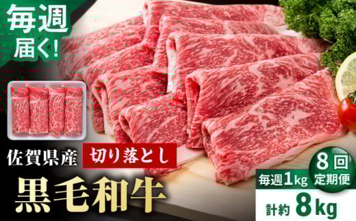 【圧倒的リピート率！】【8回定期便】毎週届く！ 佐賀県産 黒毛和牛 贅沢 切り落とし 1kg/回（計8kg） 2ヶ月分【いろは精肉店】佐賀県産 佐賀産和牛 切落し 牛肉 国産 肉 和牛 すき焼き しゃぶしゃぶ 切り落とし 冷凍 九州 人気 高評価 九州 佐賀県 白石町 [IAG206]