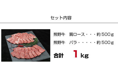 特選黒毛和牛 熊野牛 焼肉セット（バラ・肩ロース） 約１kg【mtf400】