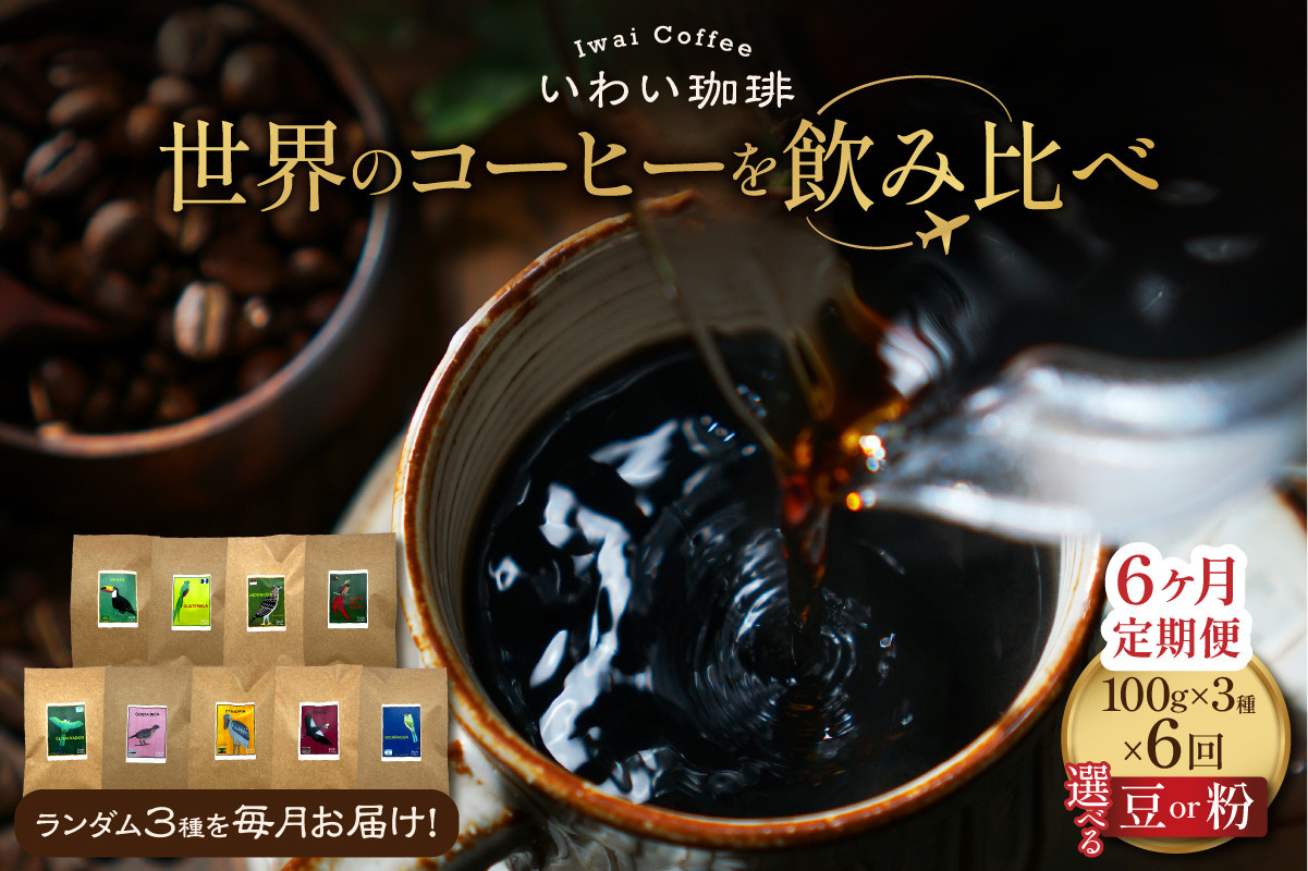 
            【定期便】【 選べる 種類 】世界のコーヒーを飲み比べ 定期便 全6ヶ月　店主厳選 珈琲 3種セット 毎月 100g × 3袋 6回 合計 1.8kg　いわい珈琲　シングルオリジン
          