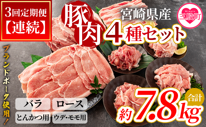 ＜【定期便】全3回連続 豚肉セット（スライス、とんかつ用、切り落とし）総量約7.8kg＞【MI415-nm-A-x1】【ニクマル】