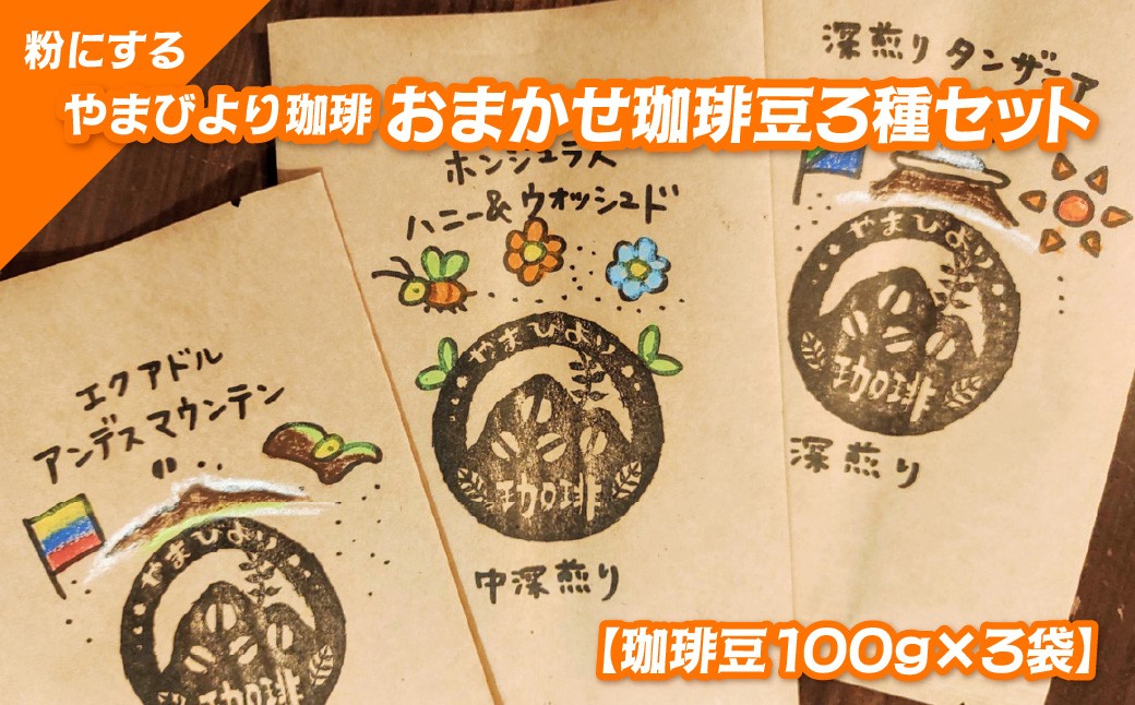
                  【粉にする】やまびより珈琲 おまかせ珈琲豆3種セット【珈琲豆100g×3袋】 HNNAF007
                