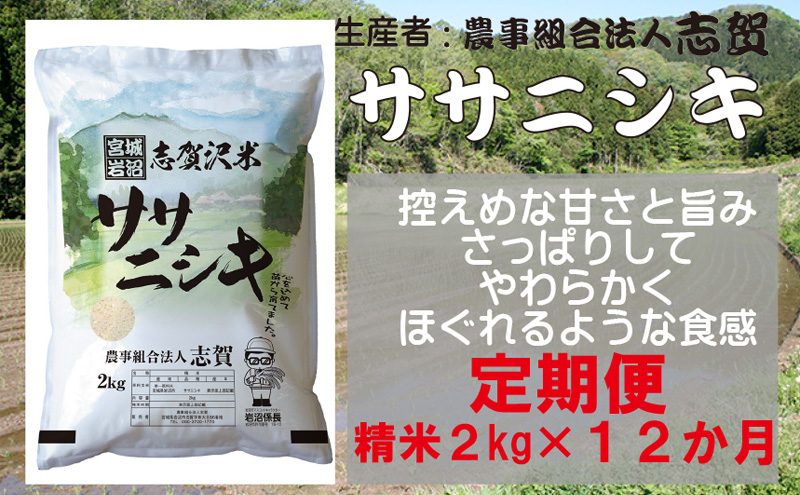 【12ヶ月定期便】宮城県岩沼市産 志賀沢米 ササニシキ 精米2kg