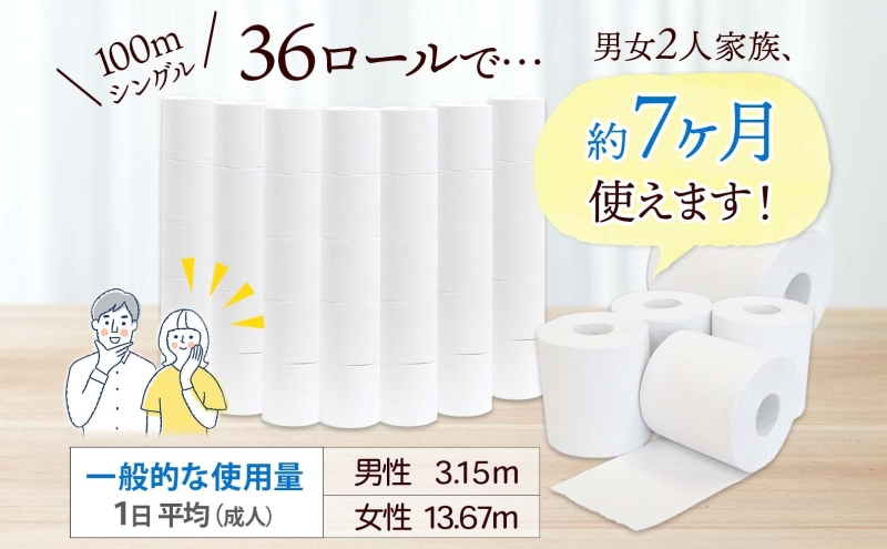 定期便 2ヶ月毎 全3回 無包装 トイレットペーパー シングル ハードタイプ 100m 36ロール 長巻き 紙ペーパー エコ 日用品 消耗品 トイレ用品  114mm幅 非常用 備蓄 ストック まとめ