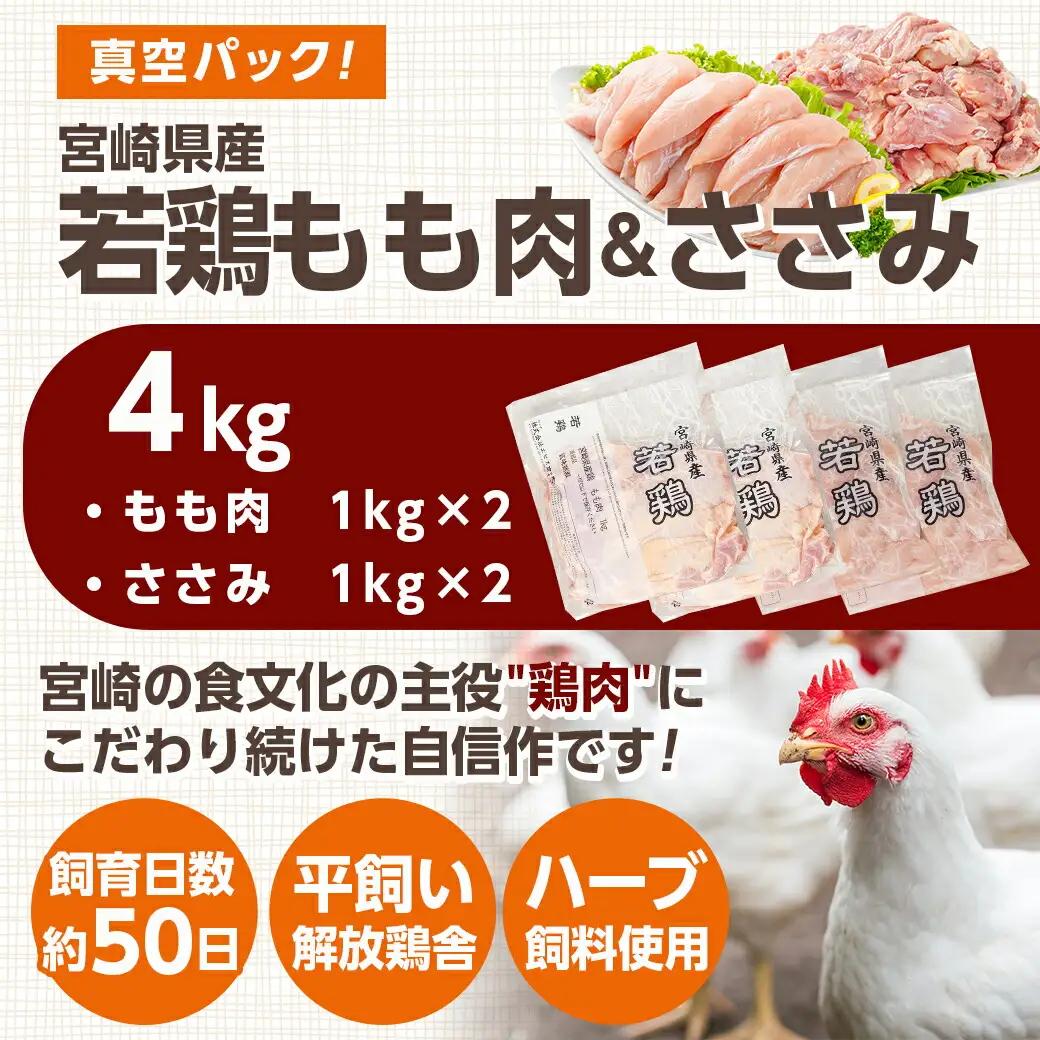 宮崎県産若鶏 もも肉&ささみのこだわりセット(4kg)〔11-G304〕_(都城市) 宮崎県産 若鶏 もも肉 ささみ 各1kg×2 鶏肉 セット 真空 使い分け 平飼い ハーブ やわらかく ふっくら 