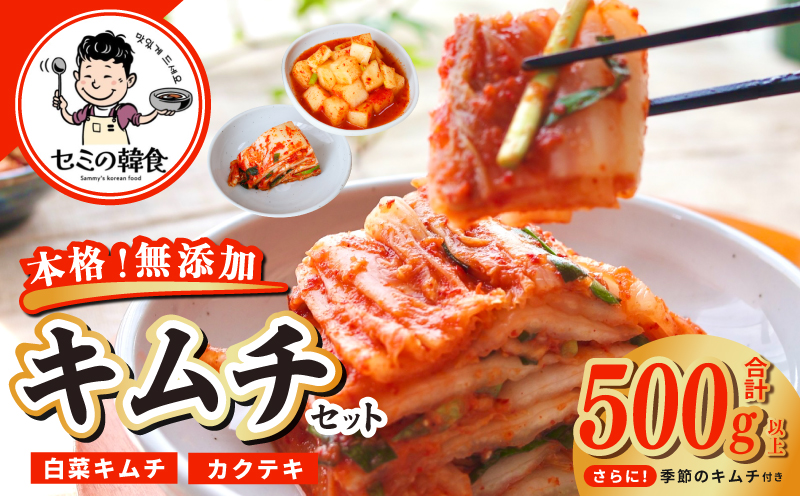 韓国人が作る！無添加・砂糖不使用のキムチセット500g+お試し季節のキムチ100g【本場 韓国 きむち 人気 無添加 韓国料理 惣菜 大阪 泉佐野 大阪府 泉佐野市】