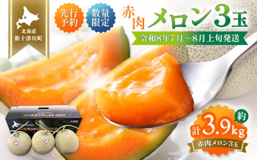 
                  【先行予約】【数量限定】  赤肉メロン3玉【令和８年７月～８月上旬発送】| メロン 北海道 赤玉 セット詰め合わせ オンライン申請 オンライン ワンストップ マイページ デザート 果物 フルーツ 赤肉メロン 赤肉 ふるさと納税 北海道 新十津川 新十津川町【1203201】
                