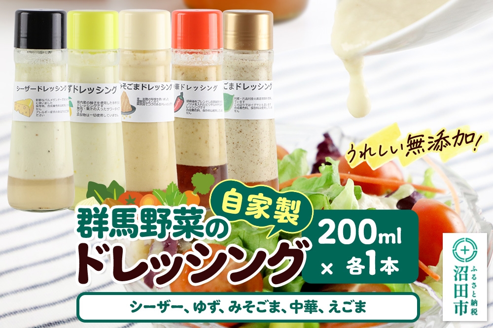 
            自家製・群馬産野菜で手作りドレッシング（シーザー、ゆず、みそごま、中華、えごま）200ml×各1本 泙川食品
          
