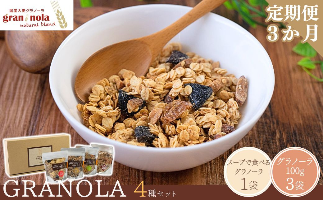 
            【定期便3ヶ月】国産大麦グラノーラ 「 gran*nola 」 お試し4種セット 果物 フルーツ 朝食 軽食 おやつ 食物繊維 国産原料 信州産 長野県 千曲市
          