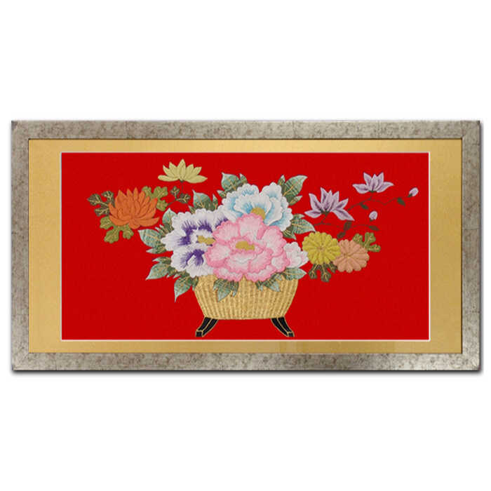 【ふるさと納税】額装用 日本刺繍 「花かご」台生地「赤」×額装「シルバー」 刺繍 伝統工芸 愛西市/百武打敷店[AEBR009]