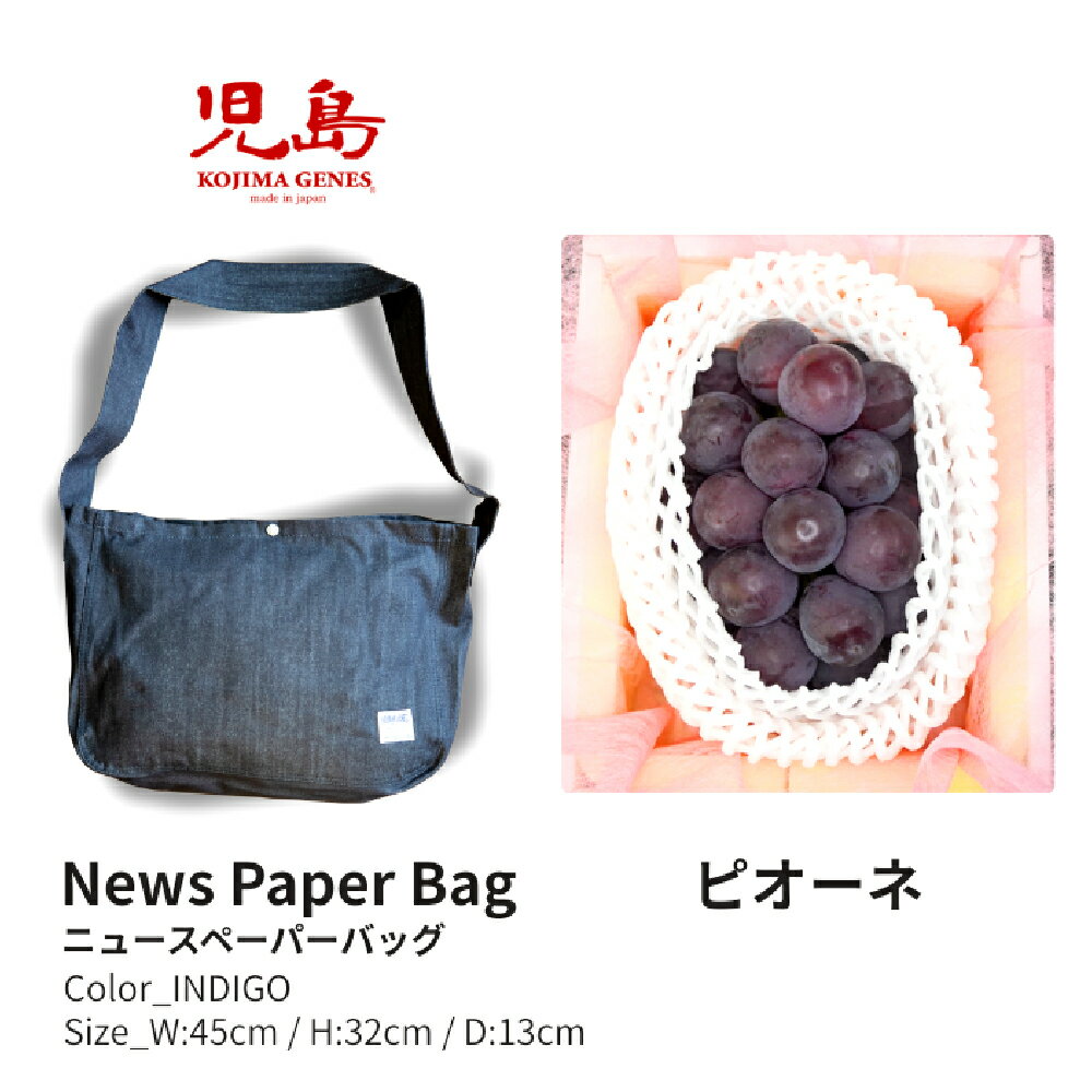 【ふるさと納税】【年2回定期便】NEWS PAPER BAG（INDIGO）＋家庭用ピオーネ2房（1房約530g以上） セット ニュースペーパーバッグ 大型ショルダーバッグ 鞄 カバン かばん ぶどう 葡萄 フルーツ くだもの 岡山県 倉敷市 送料無料 【2026年6月上旬～9月下旬まで発送予定】