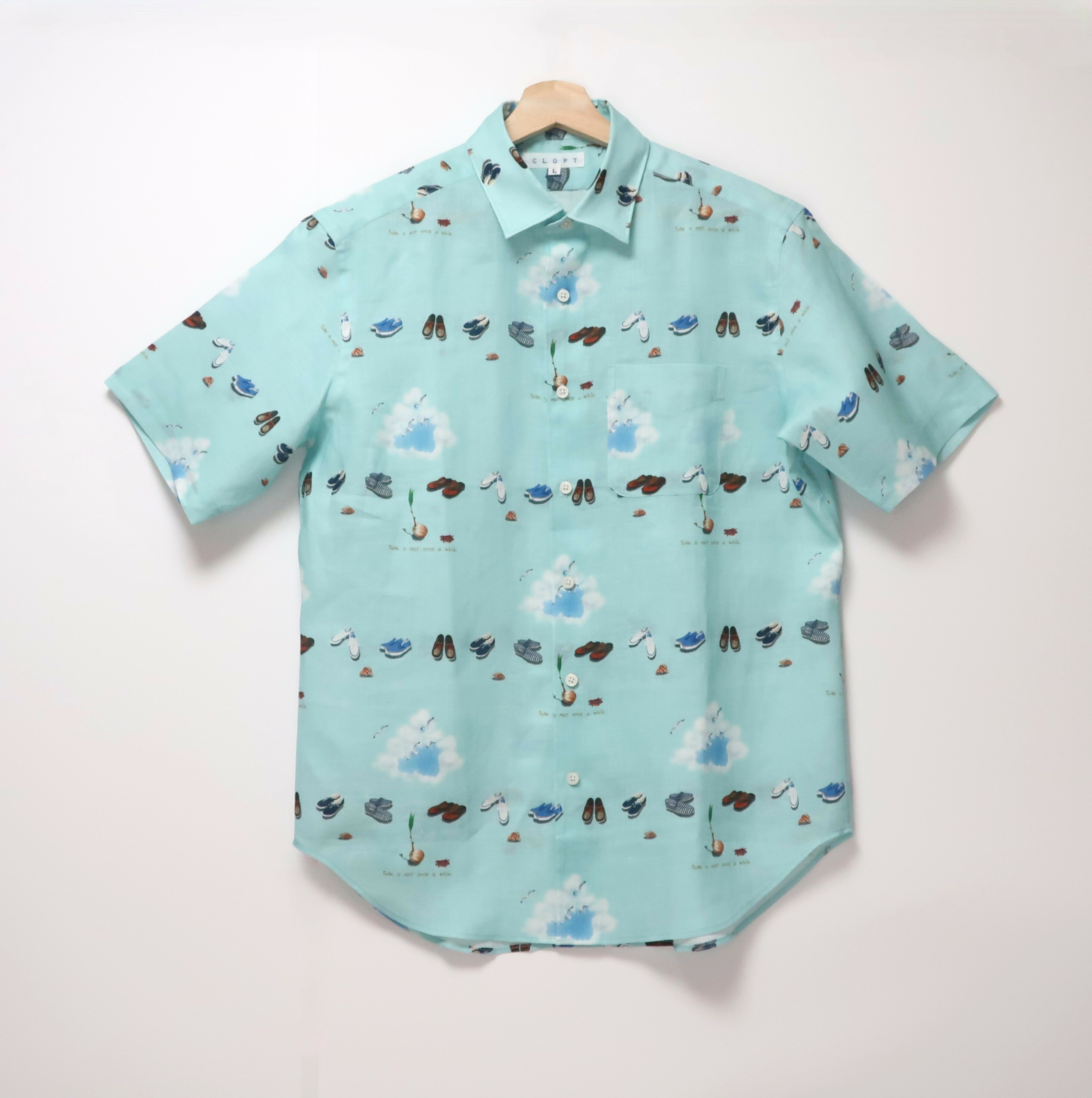 【ふるさと納税】CLOFT 麻100％半袖プリントシャツ”たまにはぼっーとしようよ！”（C/＃23 アクアブルー） M 半袖 シャツ プリントシャツ デザイン おしゃれ 個性 上質 こだわり ギフト プレゼント 贈り物 東京 新宿 青 ブルー 水色 アクアブルー 0139-028-S07-4