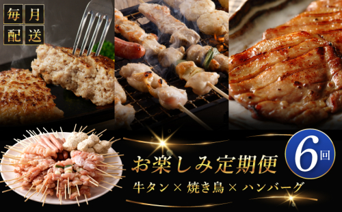 桜文 お楽しみ 定期便 全6回（焼き鳥／牛タン／黒毛和牛入り BIGハンバーグ）【毎月配送コース】 G1061