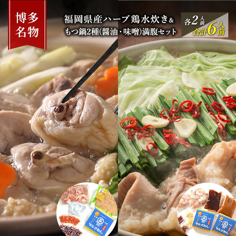 【ふるさと納税】水炊き もつ鍋 ( 醤油 みそ 味2種 ) 食べ比べ セット 各2人前 合計6人前 博多名物 鶏水炊き&モツ鍋 満腹 鍋 牛肉 鶏肉 大刀洗 配送不可：離島