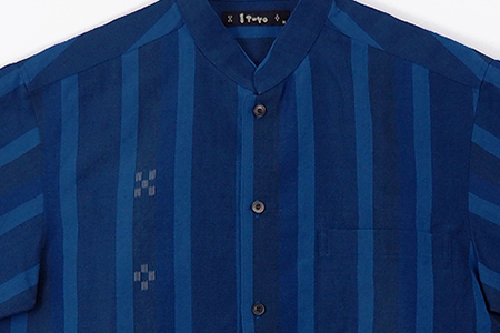 みんさー織 総手織りマオカラーシャツ（藍ストライプ）Mサイズ AZ-77