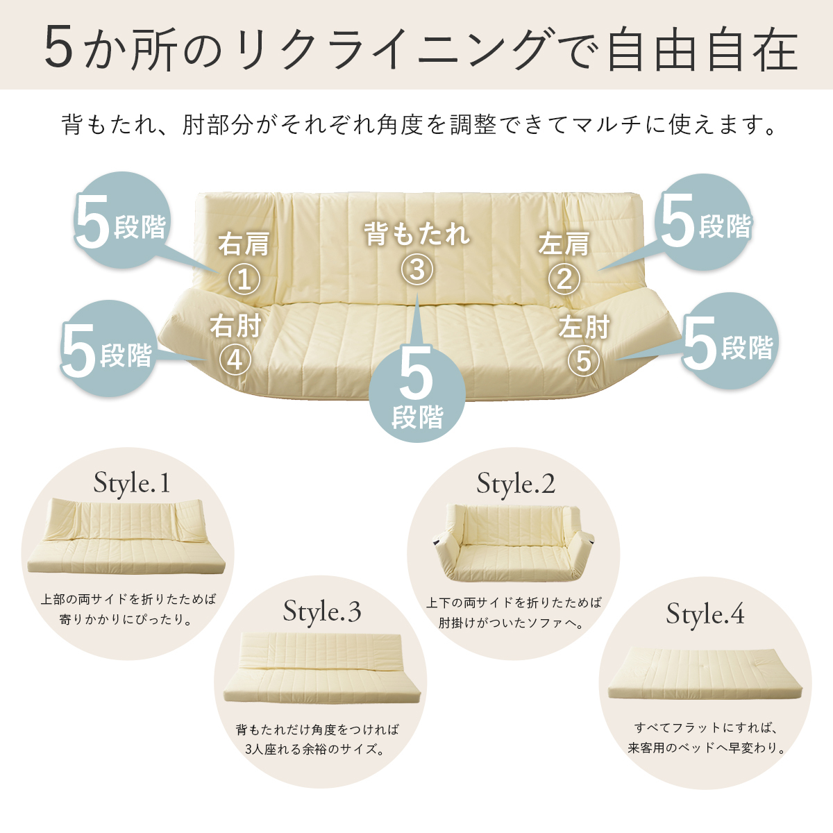 【a079】低反発マルチソファ(アイボリー・レザー生地)【配送不可地域：沖縄県、離島】