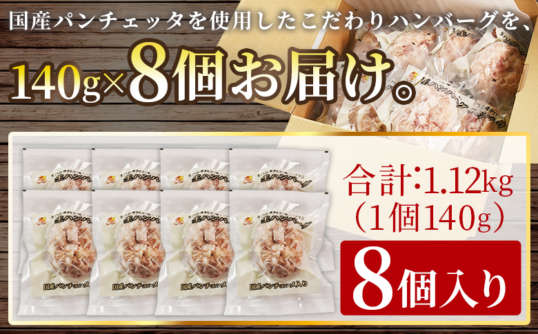 ＜国産パンチェッタ入りハンバーグセット＞8個 国産 豚肉 牛肉 鶏肉 塩漬け熟成 ハンバーグ 加工品 惣菜 洋風惣菜 洋食 おかず お弁当 ジューシー プレゼント 贈答品 贈り物 ギフト 個包装 小分け 湯煎 【MI743-pl】【株式会社プラス】