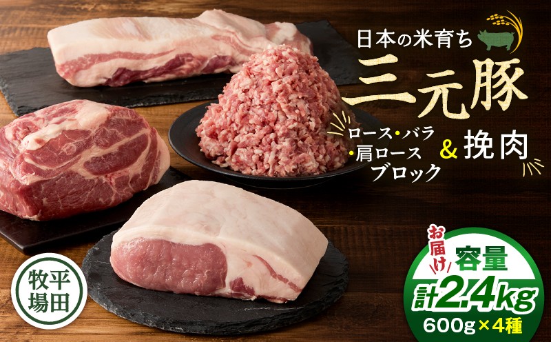 日本の米育ち平田牧場 三元豚ロースブロック・バラブロック・肩ロースブロック・挽肉　各600g（計2.4kg）　T036-011