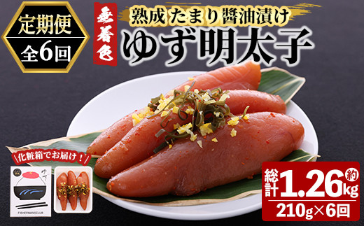 ＜定期便・全6回(連続)＞プチプチ粒感！熟成 たまり醤油漬け 無着色 ゆず明太子3本入り(総量1.26kg・210g×6回) 国産 福岡県産 明太子 魚介 海鮮 魚卵 柚子 ゆず 醤油 ?油漬け＜離島配送不可＞【ksg1415】【フィッシャーマンズクラブ】