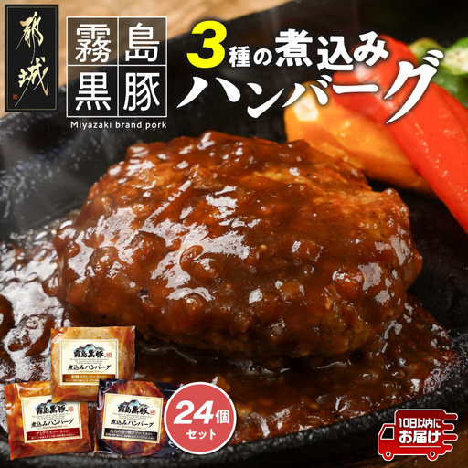 霧島黒豚 3種の煮込みハンバーグ 24個セット (デミグラスソース仕立て・和風おろしソース仕立て・大人の照焼きソース仕立て)≪みやこんじょ特急便≫_AC-28-001-24-Q_(都城市) 脂身 厳選 霧島黒豚 じっくり 3種類 ソース ふっくら 煮込みハンバーグ 小分けセット ハンバーグ 豚肉