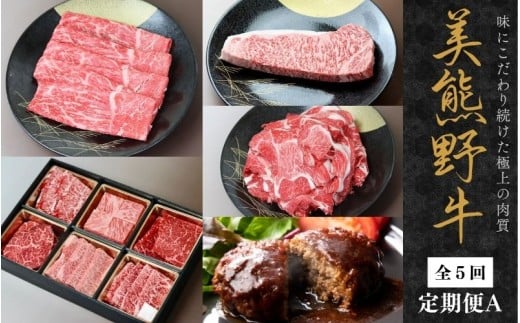 【全5回】美熊野牛 定期便A ＜すき焼きしゃぶしゃぶ用ロース＆赤身モモ肉 400g・切り落とし 400g・焼肉用6種食べ比べ 500ｇ・サーロインステーキ 300g×1枚・100％ハンバーグ 100g×5個＞  牛肉 肉 ブランド牛 和牛 黒毛和牛 国産牛 すき焼き しゃぶしゃぶ 赤身肉 焼肉 ステーキ サーロイン ハンバーグ 惣菜 肉定期便 人気 三重県 熊野市【okad-tkb0023】
