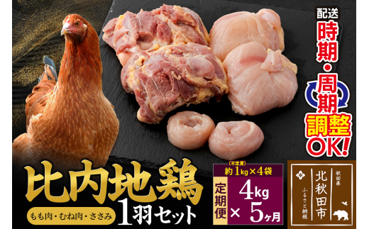 《定期便5ヶ月》 比内地鶏 1羽セット（もも肉・むね肉・ささみ）約4kg（約1kg（不定貫）×4袋）×5回 計20kg 時期選べる お届け周期調整可能 5か月 5ヵ月 5カ月 5ケ月 20キロ 国産 冷凍 正肉 鶏肉 鳥肉
