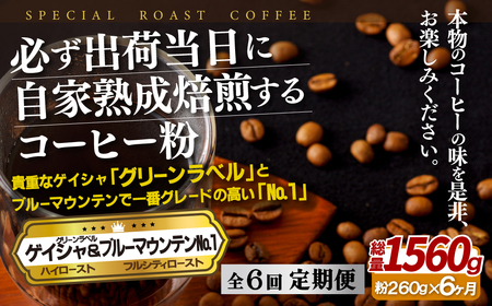 必ず出荷日に自家熟成焙煎ゲイシャ粉(160g)･ブルーマウンテン№.1粉(100g)【6回定期便】
