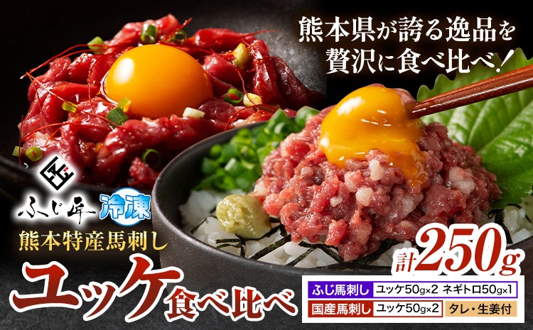 
                  熊本 特産 馬刺し ユッケ 食べ比べ セット 250g ふじ馬刺し 国産馬刺し《30日以内に出荷予定(土日祝除く)》熊本県 山江村 くまもと黒毛和牛 黒毛和牛 冷凍 馬肉 馬刺し 馬 ユッケ ネギトロ たれ 生姜付き 送料無料
                