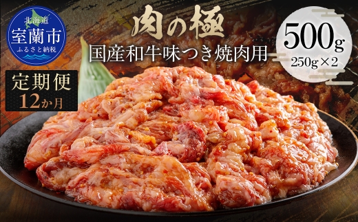 【12か月定期便】国産和牛味つき焼肉用 500g (250g×2) 【ふるさと納税 人気 おすすめ ランキング 肉 牛肉 和牛 国産和牛 牛 国産 国産牛 にく ニク 味付き 焼肉 バーベキュー BBQ 北海道 室蘭市 送料無料】 MROBM012