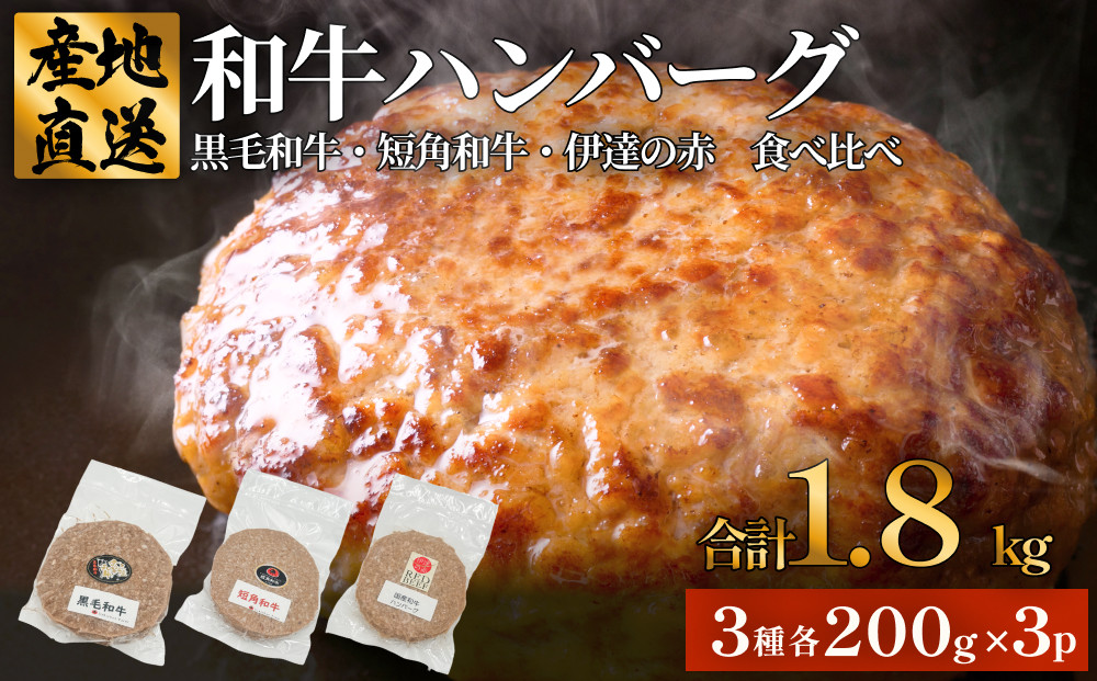 
                  黒毛和牛 三陸金華和牛 南部の赤牛 伊達の赤 和牛ハンバーグ 3種 各200g×3 食べ比べ セット 赤身 国産 美味しい 使いやすい 肉 お肉 おかず 冷凍 ハンバーグ
                