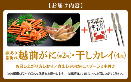 「訳あり 指折れ 越前がに（中）2杯」+ 「干しカレイ 4尾」【12月発送分】 食べ方しおり かにスプーン付き【雄 ズワイガニ ずわいがに 越前ガニ 姿 ボイル 冷蔵 福井県】希望日指定可 備考欄に希