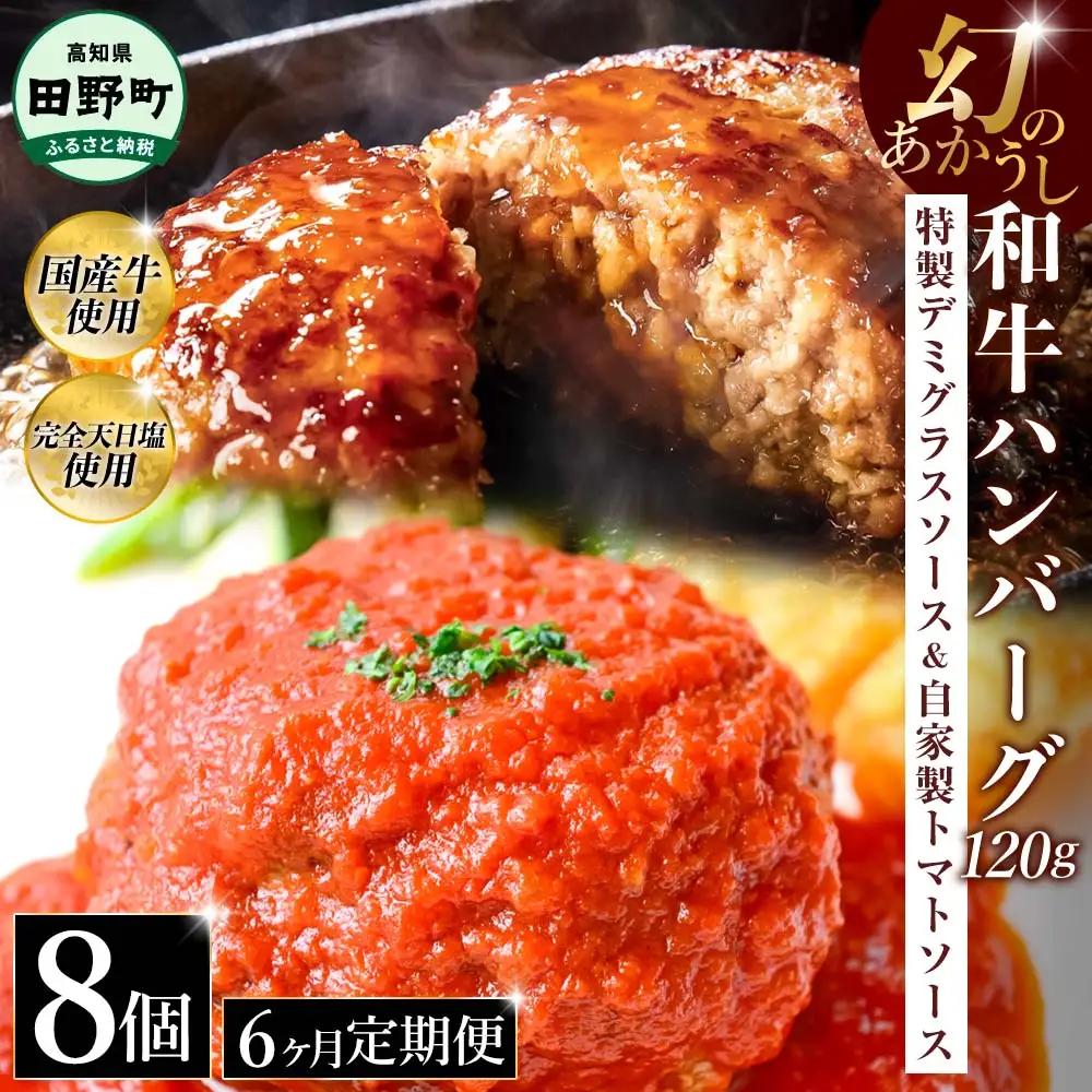 幻のあかうし和牛ハンバーグ 8個入り 6ヶ月定期便 1個120g 特製デミソース トマトソース付き 田野屋青蜂 白鯆 完全天日塩練り込み 