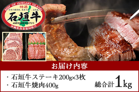 石垣牛ステーキ200g×3枚＋焼肉400gセット（いしなぎ屋） AB-9