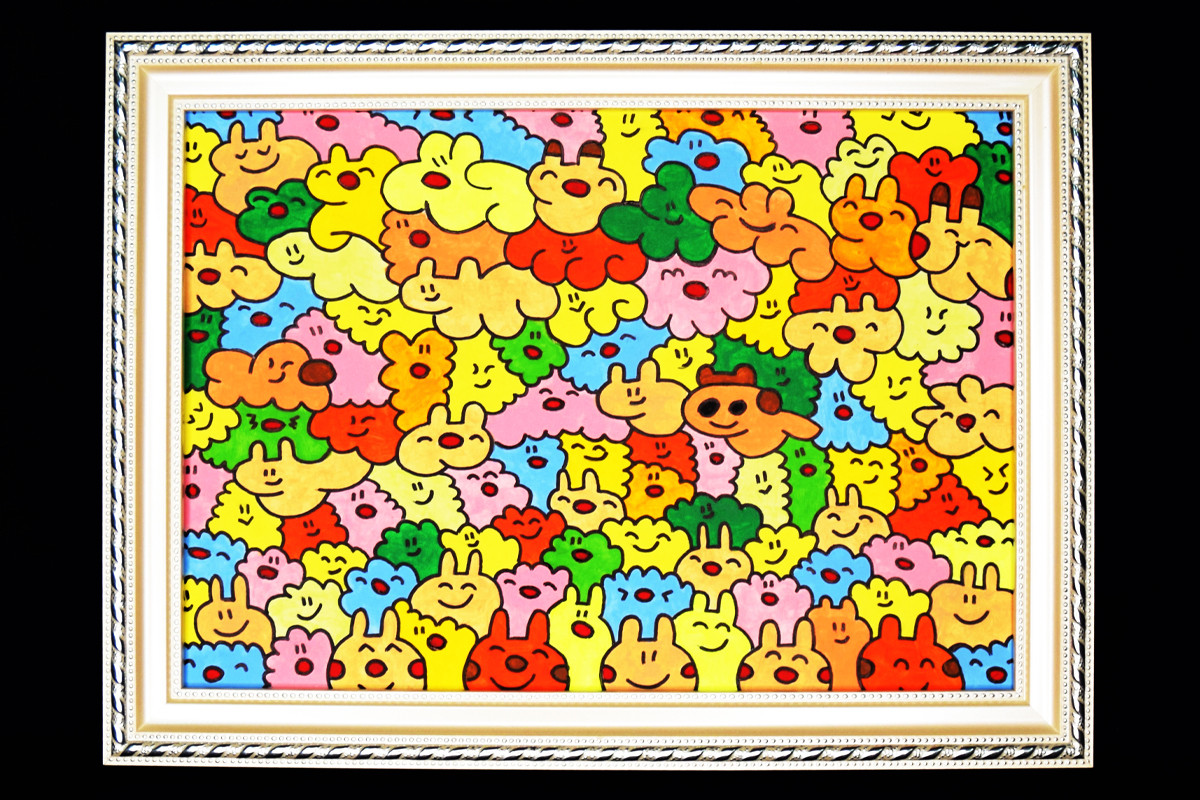 
しょうがいしゃ作家発信！【しょうがいしゃアート】野本晃弘 作「どうぶつえんで友達をたのしくさんぽみちに行って楽しく」｜絵画 アクリル画 原画 額装 [0843]
