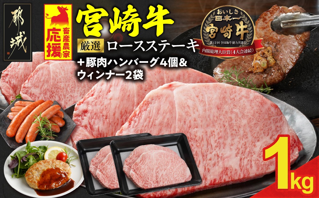 畜産農家応援! 宮崎牛ロースステーキ4枚 計1000g+豚肉ハンバーグ&ウィンナー_AE-N201-ESHW-CF