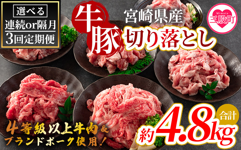 
＜【定期便】全3回 宮崎牛切り落とし牛肉（カタ肉）豚肉（ウデ、モモ）総量約4.8kg＞【MI413-nm-x1】【ニクマル】
